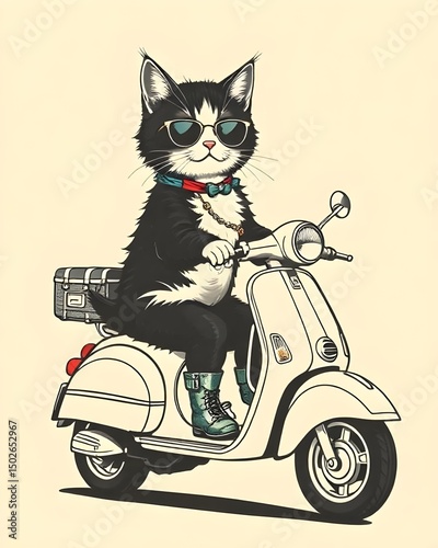 Black and white cat on a scooter