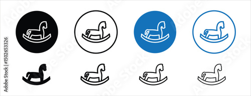 Set of colored pixel perfect Toy horse rocking chair icon  with 1 unexpanded, 1 silhouette, Rocking horse toy icon representing childhood and play.