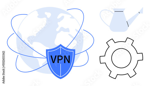 Globe with orbit lines and VPN shield for online security, gear for settings, and watering can for nurturing. Ideal for cybersecurity, internet privacy, global connectivity, digital tools, online
