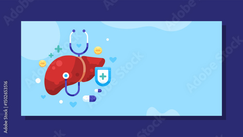 concept banner care and maintain liver health. background with illustration of liver organ, stethoscope, shield, and medicine. horizontal blue background. protection, guard, care, awareness