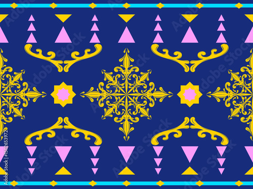 Abstract Magical Wonder Theme with Colorful Pink Yellow Blue Combine Geometric and Fleur De lis Medieval Pattern. Triangle Delicate Scroll Ornament Exotic Style for All Imaginary Decoration Embroidery