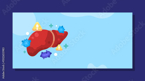 hepatitis banner concept. background with illustration of liver organ infected or attacked by virus. horizontal blue background. health problem, disease, awareness, warning