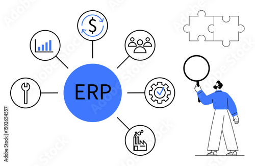 ERP system in blue center connected to icons for analytics, finance, HR, tools, automation, manufacturing. Person holding blank circle. Ideal for business, process management efficiency planning