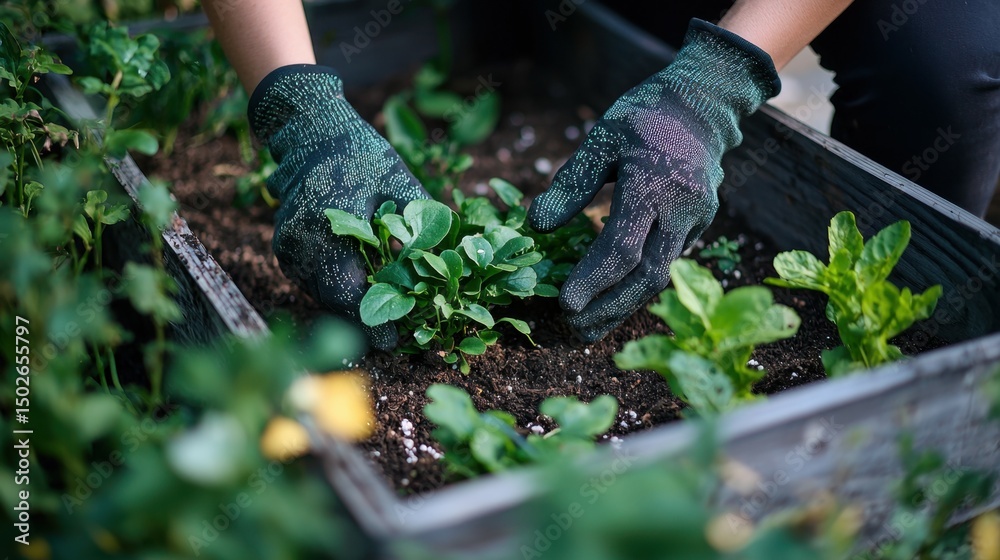 Naklejka premium Hands Planting Seedlings into Soil in Raised Garden Bed