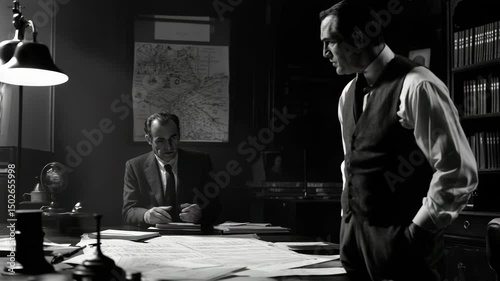 Mysterious Meeting: Two Men in a Dark Office