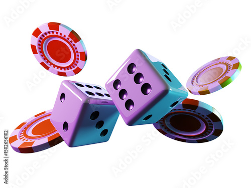 Canvas Print Poker chips and dice roll in neon light on black background