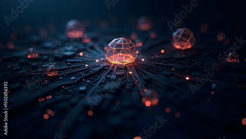 Digital Background Polygonal shapes orbit around central code structures with glowing outlines