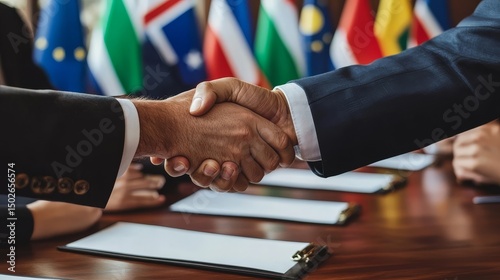 Close-up view of a handshake over a trade agreement. photo