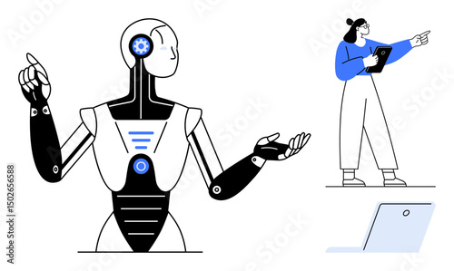 Female professional with tablet interacts with humanoid AI robot gesturing communicative actions. Ideal for technology, artificial intelligence, innovation, education, robotics, future concepts