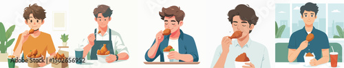 vector of a young man eating fried chicken