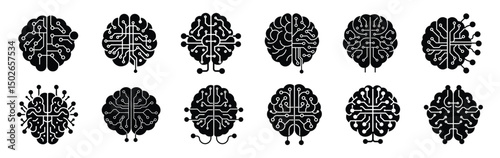 Collection of brain circuit silhouette icons for artificial intelligence and neuroscience