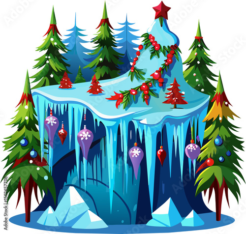 Colorful winter scene with icicles and ornaments