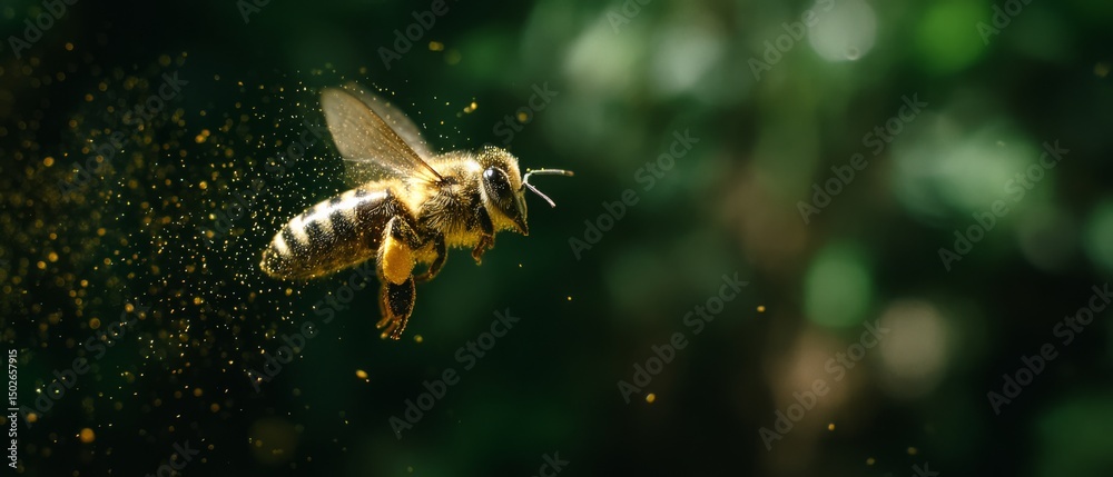 Fototapeta premium A bee elegantly moves through the air, surrounded by glistening pollen in lush greenery.