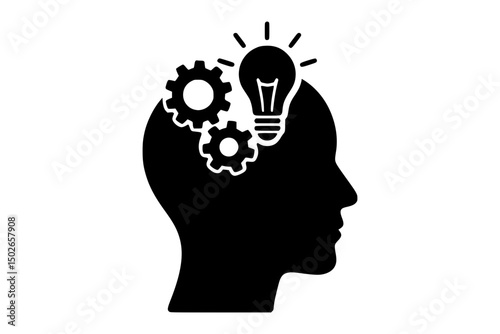 Black silhouette vector of human head profile with gears and lightbulb illustrating innovation