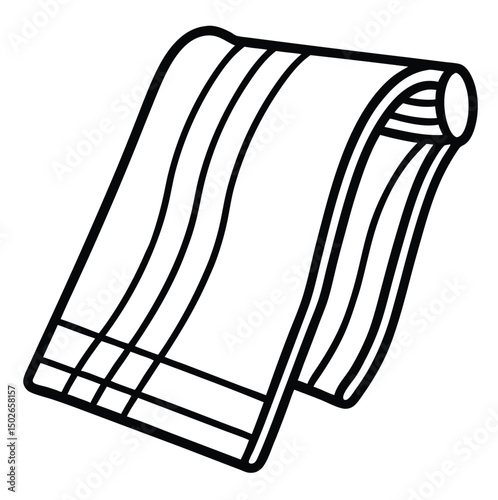 A simple line drawing of a towel, partially unrolled and curled at one end. The towel features horizontal folds, depicting a layered appearance on white background ideal for print flyer poster design 