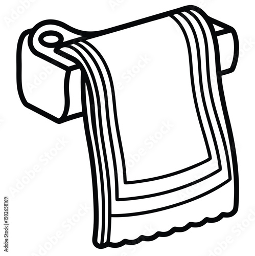 A simple line drawing of a towel, partially unrolled and curled at one end. The towel features horizontal folds, depicting a layered appearance on white background ideal for print flyer poster design 