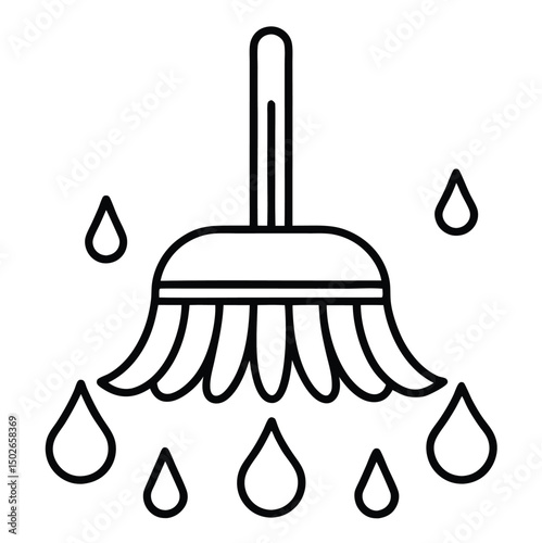 A simple, minimalist line illustration of a broom with bristles, surrounded by several droplets of water. The broom's handle is upright, and the bristles are slightly curved. 