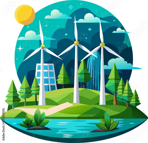 Modern wind turbines surrounded by lush greenery
