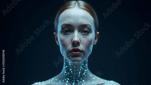 Digital Background A soft-lit AI face with glowing interface lines layered over skin-like surfaces, blending humanity with synthetic intelligence (2)