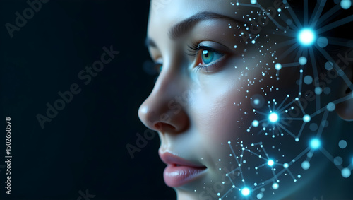 Digital Background A soft-lit AI face with glowing interface lines layered over skin-like surfaces, blending humanity with synthetic intelligence (4)