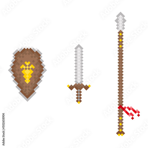 Pixel art vector illustration of medieval weapons including a sword, shield, and spear. Retro style, isolated on white background. Perfect for games, icons, and fantasy-themed designs.