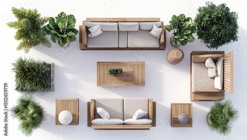 Top-down view of outdoor patio furniture and plants