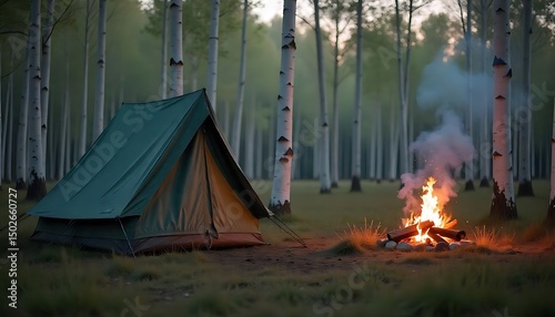 Camping by the Lake in Autumn, Autumn campsite sunset pine forest, campfire, orange tent, camping gear, golden hour, created with generative ai