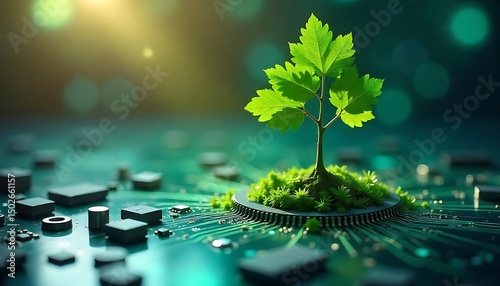  Green tree sprouts from circuit board in polluted city. Eco-tech future sustainable, green, Eco futuristic town, created with generative ai