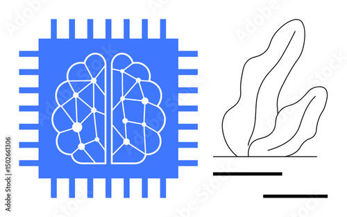 Blue microchip with neural brain network, connected nodes symbolizing AI, next to abstract nature-thumbs up lines. Ideal for tech, AI, science, innovation, sustainability, eco-tech simple landing