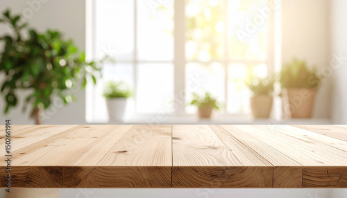 Wooden Table by Sunlit Window: A warm, inviting image featuring a rustic wooden table in sharp focus against a blurred background of a sunlit window and potted plants.
