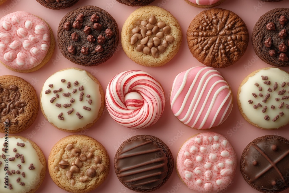 Assorted small cookies and candies on pink background. Various colors and patterns Assorted small cookies and candies on pink background. Various colors and patterns