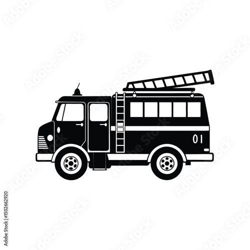 Fire Truck Silhouette Vector  Black and White Emergency Vehicle Icons Isolated on White Background