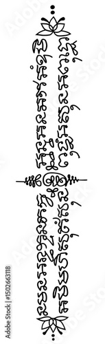 Thai traditional tattoo. Yant Kamlai Phra Phutthachao or Buddha Bangle Yantra. Thai text translation: Offering protection and blessings akin to the Buddha's virtues.