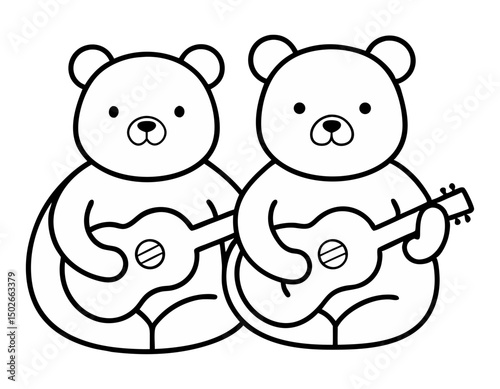 Musical Bear Duo – Engaging Line Art Coloring Page Featuring Two Adorable Bears Strumming Guitars