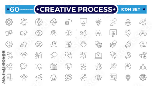 Creative Process line icon set. Teamwork process symbols in flat. Customer search and care signs are isolated on white. Leadership and creative icon in black.Editable stroke outline icon.