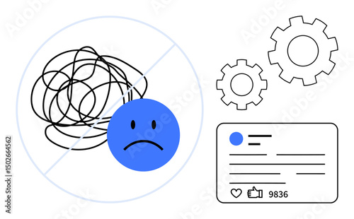 Frowning face with tangled lines portrays frustration, alongside gears and social media interaction indicating problem-solving and emotional support. Ideal for mental health, productivity, teamwork