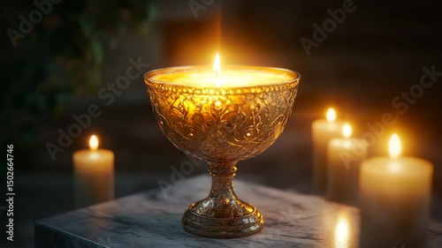 A gold bowl with a lit candle sits on a marble countertop. The bowl is surrounded by other candles, creating a warm and inviting atmosphere. Concept of relaxation and tranquility