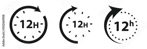 Simple black and white graphic of 12 hours icon logo vector