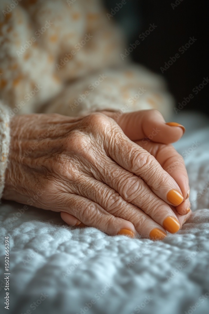 Fototapeta premium Close-up of wrinkled hands resting on a light-colored blanket, with orange nail polish