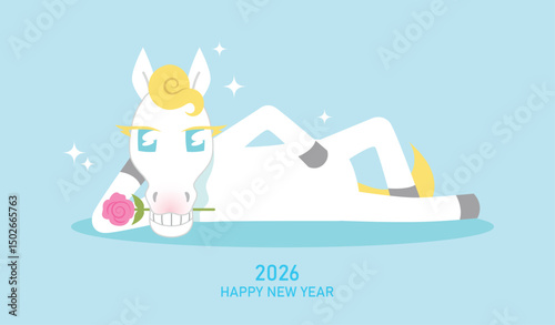 Funny anthropomorphic horse for chinese new year of the horse 2026 celebration. Lunar new year 2026 greeting card vector illustration with horse and flower.