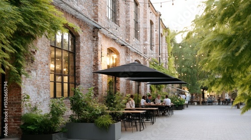 People engage in lively conversation while sipping coffee at a stylish outdoor cafe surrounded by greenery