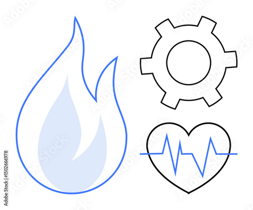 Flame icon, gear symbol, and heart with a heartbeat line intertwined, showcasing energy, efficiency, health management. Ideal for energy industry, technology development, health services