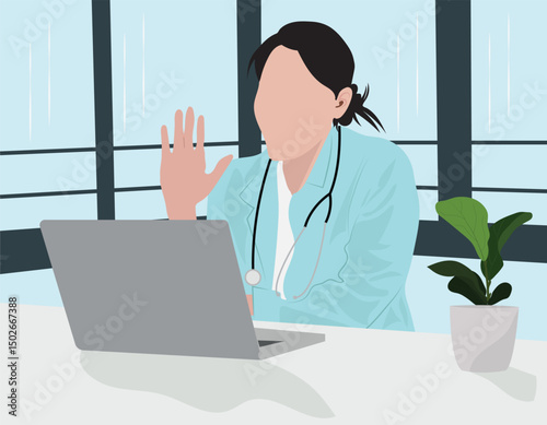 Online medical consultation and support. Online doctor help. Virtual medical help and services on a laptop flat vector illustration.