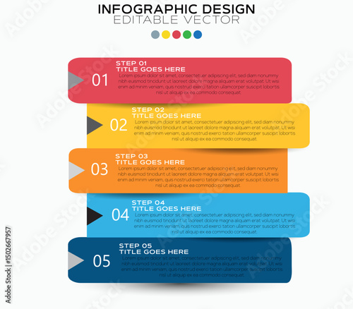  Vertically-Stacked Infographic Template with Five Colored Rectangular Boxes, Dark Gray Triangular Arrows,