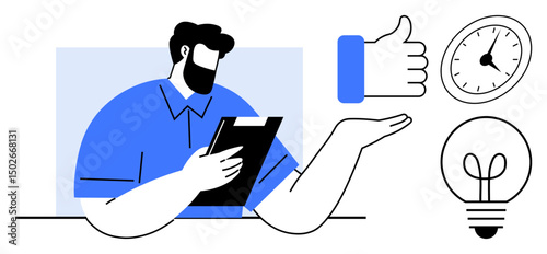Man holding clipboard with gesture toward thumbs-up, clock, and lightbulb productivity, decision-making, creativity, time management, evaluation, teamwork leadership. Ideal for brainstorming flat