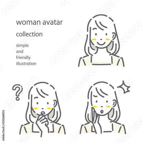 女性の表情セット　シンプルでお洒落な線画イラスト