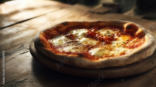Traditional Italian pizza with melted mozzarella, a delicious culinary delight evoking rustic charm and comfort.