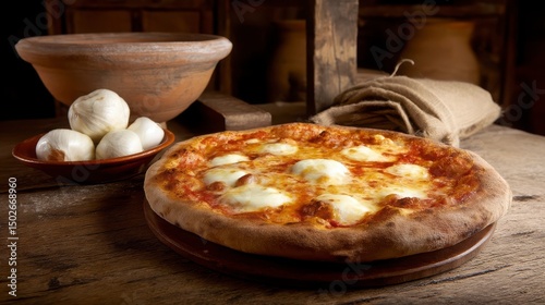 Traditional Italian pizza with melted mozzarella, a delicious culinary delight evoking rustic charm and comfort.