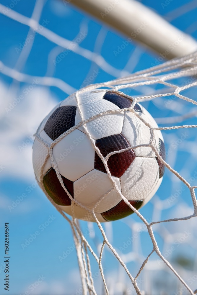 Naklejka premium A Soccer Ball Caught in the Net Against a Blue Sky
