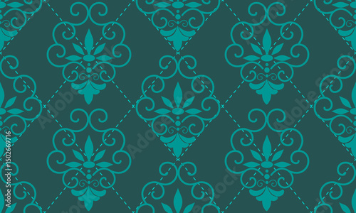 seamless pattern designs with light green damask flower on dark green background, design for fabric or various pattern printing works.